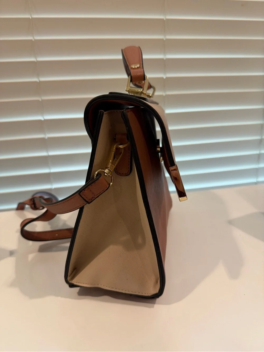 Structured Two-Tone Pink Top-Handle Satchel with Gold Hardware